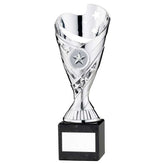 SILVER PLASTIC 'SABRE' CUP ON BLACK MARBLE ASSEMBLED TROPHY (1" CEN) - 8in